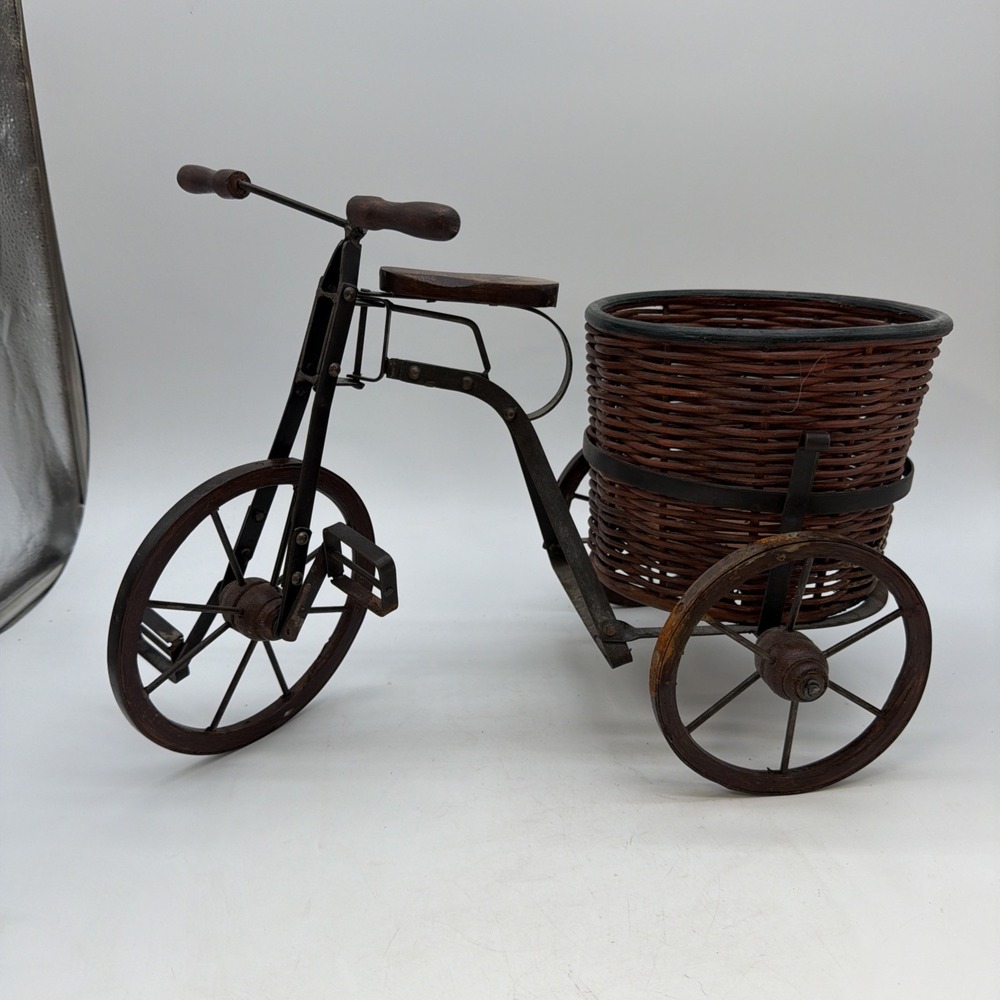 vintage-style metal and wood tricycle planter